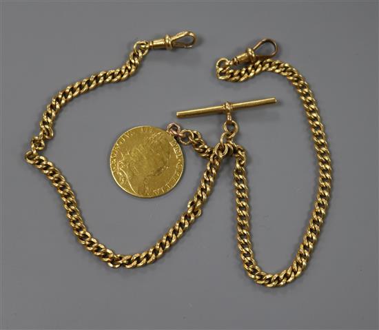 An 18ct gold albert hung with a George III guinea, 37cm.